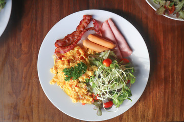 omelette , omelet or scrambled egg with bacon