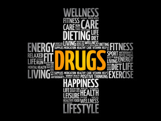 DRUGS word cloud, health cross concept background