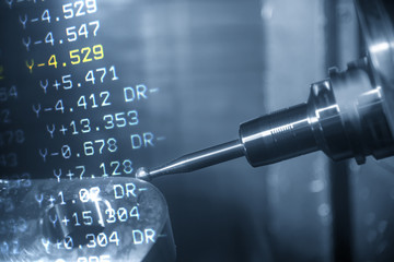 The abstract scene of 5-axis CNC milling machine and the G-code data in the light blue scene...