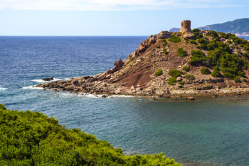 Alghero, Sardinia Italy - Panoramic view of the Cala Porticciolo gulf with Torre del Porticciolo...