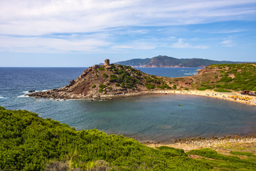 Alghero, Sardinia Italy - Panoramic view of the Cala Porticciolo gulf with Torre del Porticciolo tower in the Porto Conte Regional Park