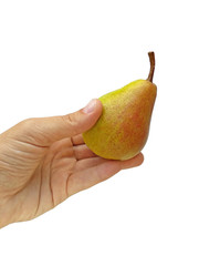 Juicy bright pears in hand, isolated on white background. Eat fruit every day, it is very beneficial for the body. Ripe tasty pears are rich in fiber. How Much Fruit Should You Eat per Day? Vegan, raw