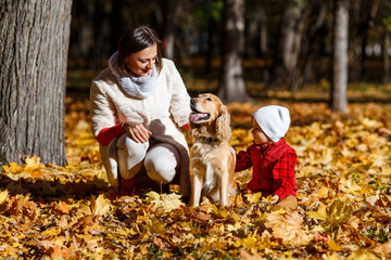 Fototapeta premium Cute, happy, white boy in red shirt smiling and playing with dog among yellow leaves. Little child having fun with his mom in autumn park. Concept of friendship between kids and pets, happy family