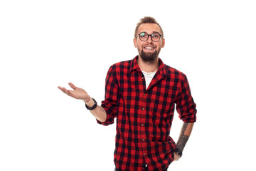 Fototapeta premium Handsome man model studio portrait. Boy casual style, trendy hipster in checkered shirt look with cool hairstyle