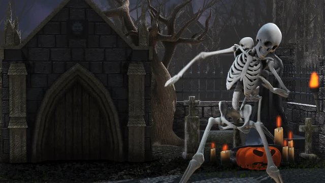 Seamless animation of skeletons dancing salsa in a cemetery at night. Funny halloween background.