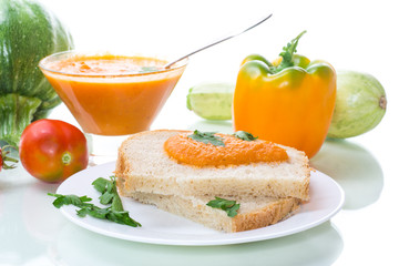 Homemade caviar of vegetables on a slice of bread
