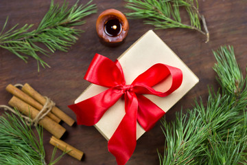top view wooden table with Christmas gifts