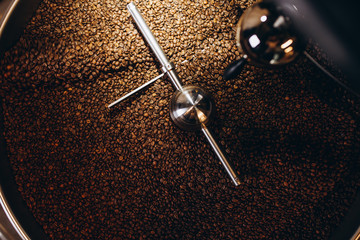 Freshly roasted coffee beans pouring from a large coffee roaster into the cooling cylinder.