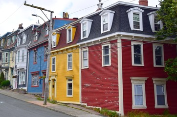view of the facades of colourful row houses, Newfoundland Canada