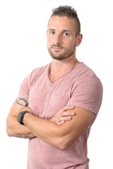 portrait of handsome serious young man, on white