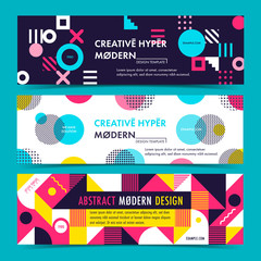 Set of Banner template with geometric shapes and patterns, 80s memphis geometric style. Vector illustrations.