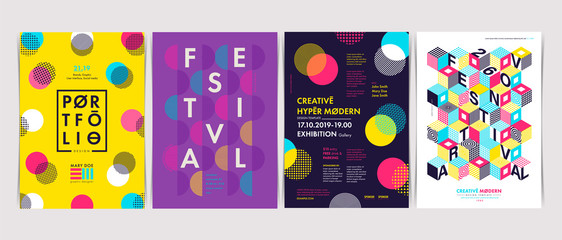 Set of Flyer templates with geometric shapes and patterns, 80s memphis geometric style. Vector illustrations. - 219673578