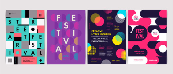 Set of Flyer templates with geometric shapes and patterns, 80s memphis geometric style. Vector illustrations. - obrazy, fototapety, plakaty