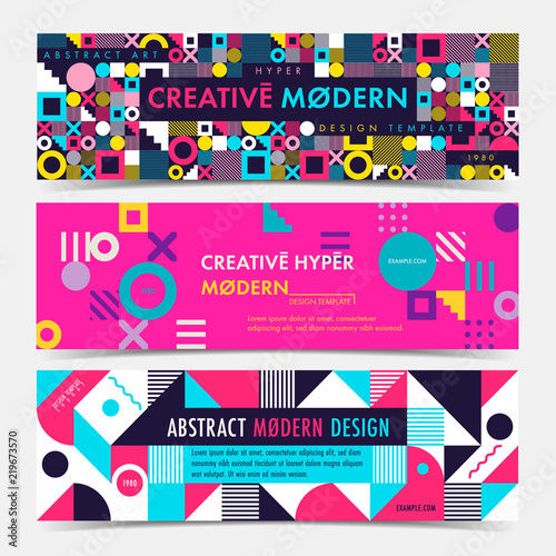 set of banner template with geometric shapes and patterns 80s set of banner template with geometric shapes and patterns 80s memphis geometric style vector