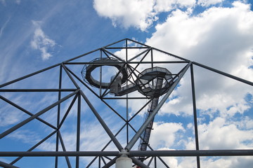 Bottrop, Germany-AUGUST 11,2018:The  tetrahedron, steel tube structural sculpture which foam as pyramid or tetrahedron is located on the hill top of the mine dump Halde Beckstraße in Bottrop, Germany.
