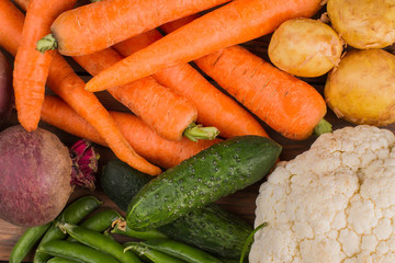 Set of fresh vegetables close up. Top view. Washed raw fresh vegetables ready for cooking.