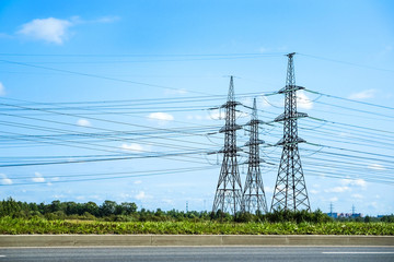 high voltage post.High-voltage tower sky background.