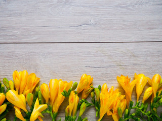 yellow irises on a wooden background, as an underlay, background, patterns, flowers, space for text