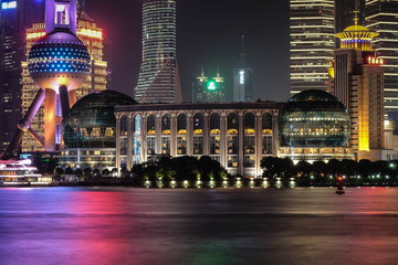 Fototapeta na wymiar Night panorama of beautiful Shanghai city with bright lights, China