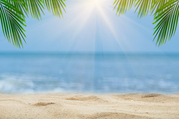 Top of wood table with blurred sea and palm tree background,Concept Summer, Beach, Sea, Relax.