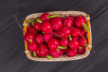 Pile of many radishes in wicked basket. Dark wooden table background.