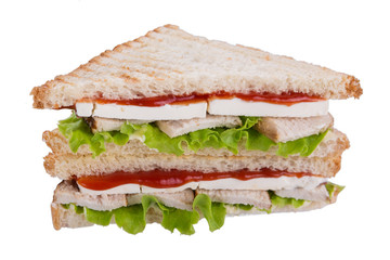 sandwich with mozzarella cheese or feta with chicken meat, lettuce leaves and with ketchup, on toasted bread, isolate, on white background