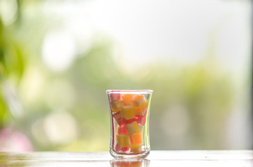 Colorful jelly in mini glass.