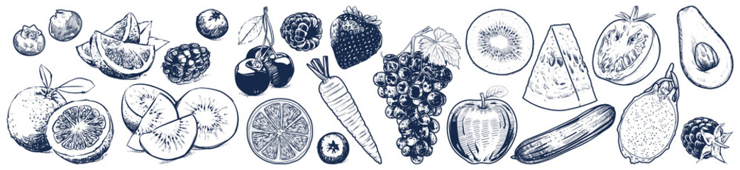 Fototapeta premium Owoce i warzywa na białym tle, ilustracji wektorowych, szkic konspektu