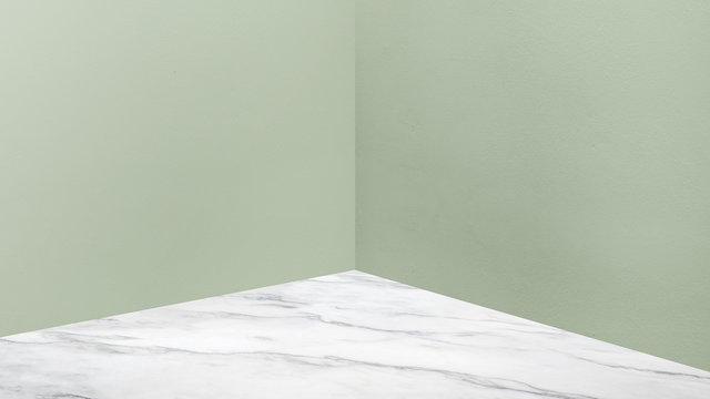 Empty corner pale green concrete wall and  white marble floor perspective room,Modern style room,Mock up for display of product,business presentation.