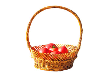 Fototapeta na wymiar Fresh red tomatoes in wicker basket isolated on white background