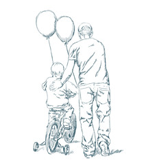 Father learn his little son to ride a bicycle. Ink sketch effect