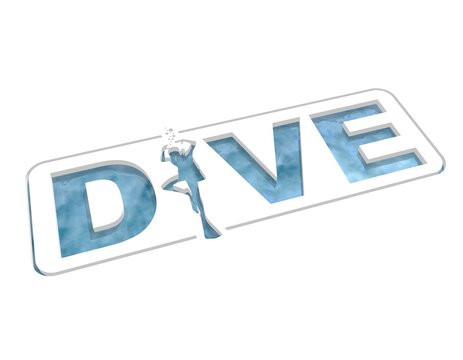 Dive word with silhouette of diver. The concept of sport diving. 3D rendering