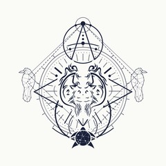 Mystical geometry symbol. Linear alchemy, occult, philosophical sign. Low poly raven, turtle and orangutan head. For music album cover, poster, sacramental design. Astrology and religion concept.