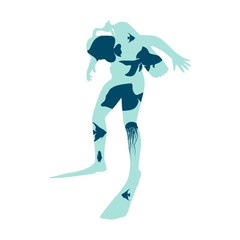 Silhouette of diver. Underwater world background. Marine life. Double exposure design