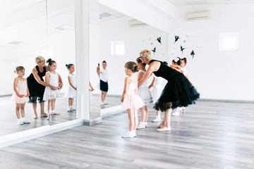 Group of beautiful little girls practicing ballet at dancing class.