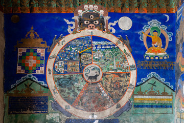Mural Painting  on the Wall in Building of  Thiksey Monastery Tibetan Buddhism Temple of Leh Ladakh, Jammu and Kashmir, India © jiradet_ponari