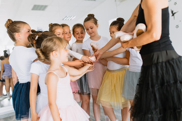 Fototapeta premium Group of beautiful little girls practicing ballet at dancing class.