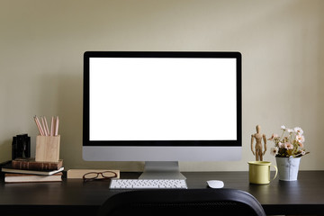 Workspace with Computer display and office tools on black table. Desktop computer screen isolated. Modern creative   with flower . Front view.