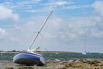 June 27, 2018   Ship near the coastline of Glenan archipelago in Brittany France