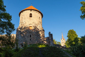 Fototapeta na wymiar Ruins of Cesis castle at sunset, Latvia. Summer season.