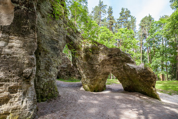 Scenic view to the picturesque sandstone caves Liela Ellite eroded by water in sunny autumn morning...