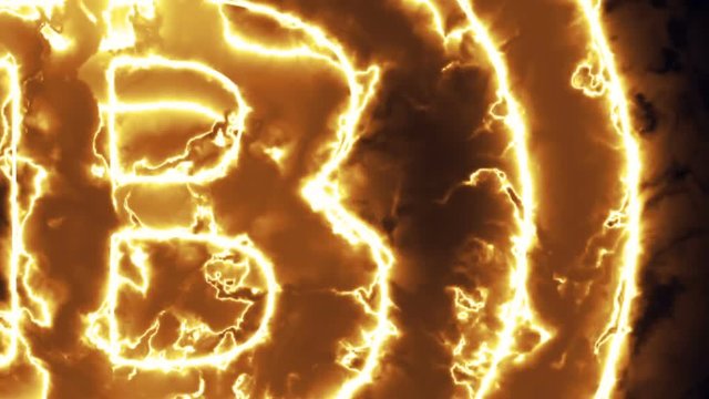 Animation of bitcoin logo in yellow energy field or fire