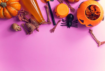 halloween party top view holiday with set prop on purple pink background