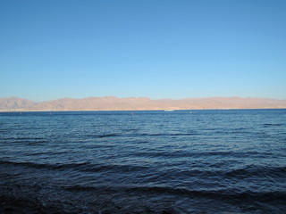 Eilat beach and view on Red Sea and Jordan mountains