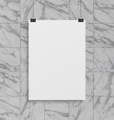 Blank white poster hanging up with clips mockup