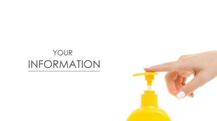 Bottle with soap dispenser female hand pattern on white background isolation