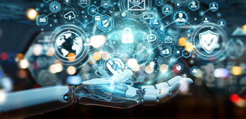 White robot hand using cyber security data interface 3D rendering