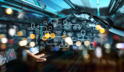 White robot controlling social network icons interface