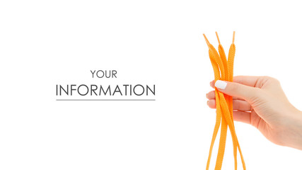Female hands bright orange shoelaces pattern on a white background isolation