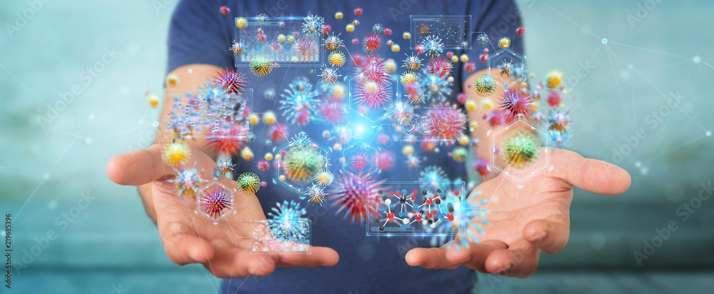 Poster businessman analyzing bacteria microscopic close-up 3d rendering
